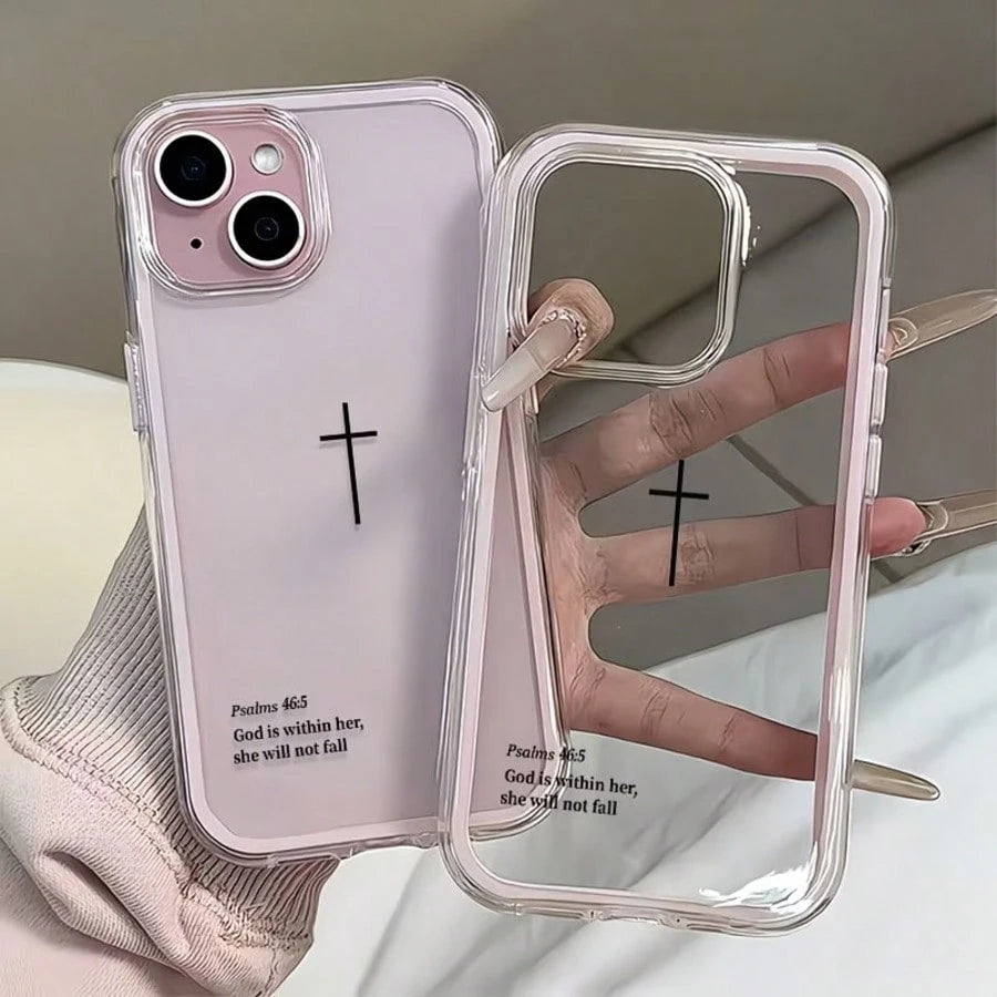 1pc Religious Mythological Figure Element Fashion Shockproof Dual-Layer Transparent Minimalist Pink Black Cross & Bible Verse Pattern Protective Phone Case With Pink Bumper Compatible With Iphone 11 1