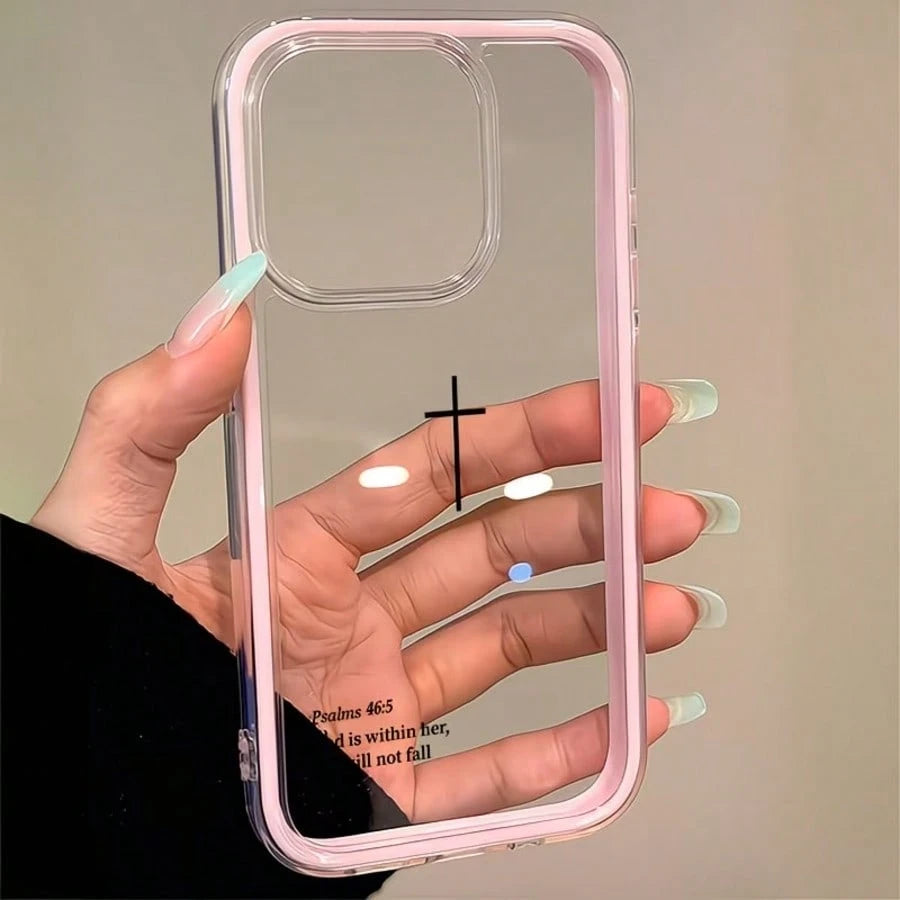 1pc Religious Mythological Figure Element Fashion Shockproof Dual-Layer Transparent Minimalist Pink Black Cross & Bible Verse Pattern Protective Phone Case With Pink Bumper Compatible With Iphone 11 1