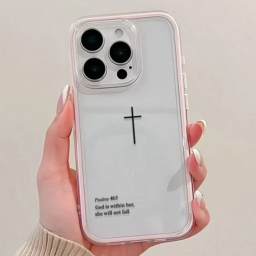 1pc Religious Mythological Figure Element Fashion Shockproof Dual-Layer Transparent Minimalist Pink Black Cross & Bible Verse Pattern Protective Phone Case With Pink Bumper Compatible With Iphone 11 1