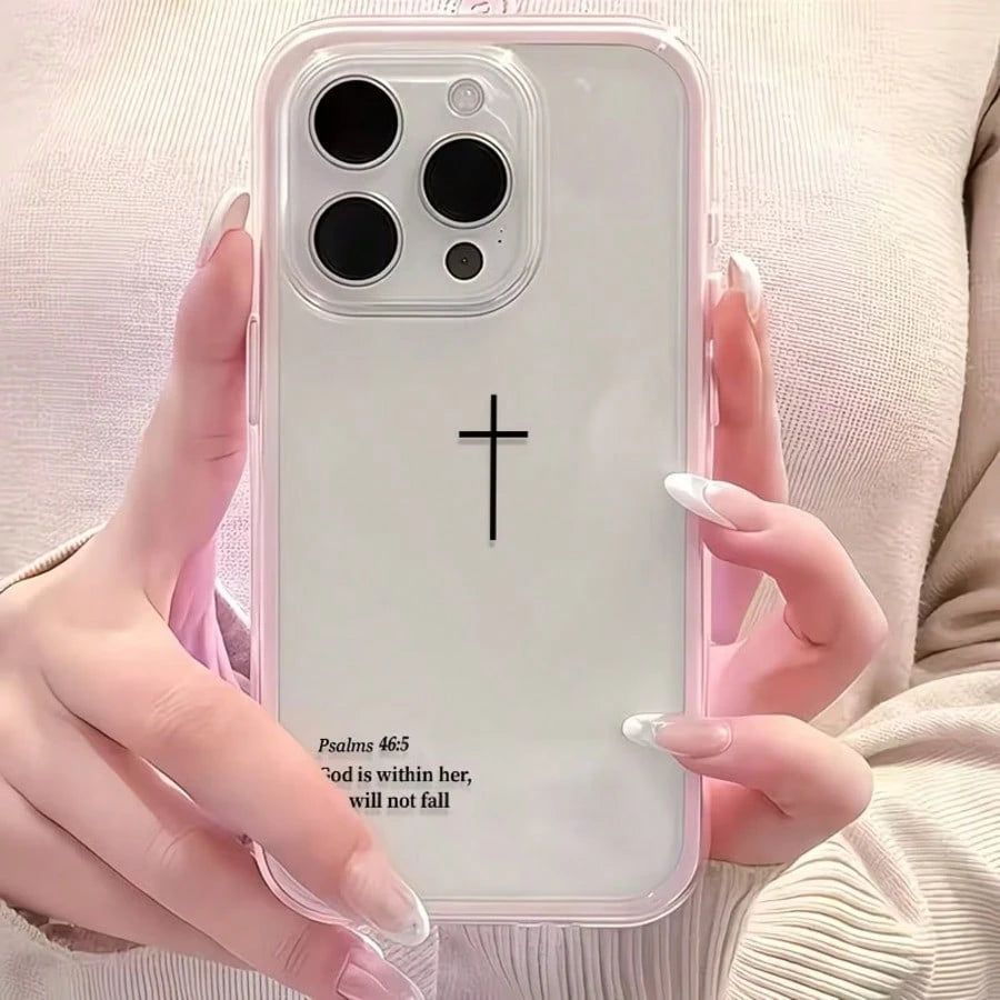 1pc Religious Mythological Figure Element Fashion Shockproof Dual-Layer Transparent Minimalist Pink Black Cross & Bible Verse Pattern Protective Phone Case With Pink Bumper Compatible With Iphone 11 1