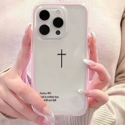 1pc Religious Mythological Figure Element Fashion Shockproof Dual-Layer Transparent Minimalist Pink Black Cross & Bible Verse Pattern Protective Phone Case With Pink Bumper Compatible With Iphone 11 1