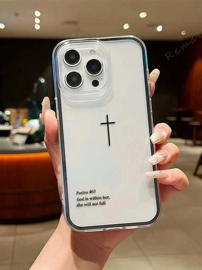 1pc Religious Mythological Figure Element Fashion Shockproof Dual-Layer Transparent Minimalist Pink Black Cross & Bible Verse Pattern Protective Phone Case With Pink Bumper Compatible With Iphone 11 1