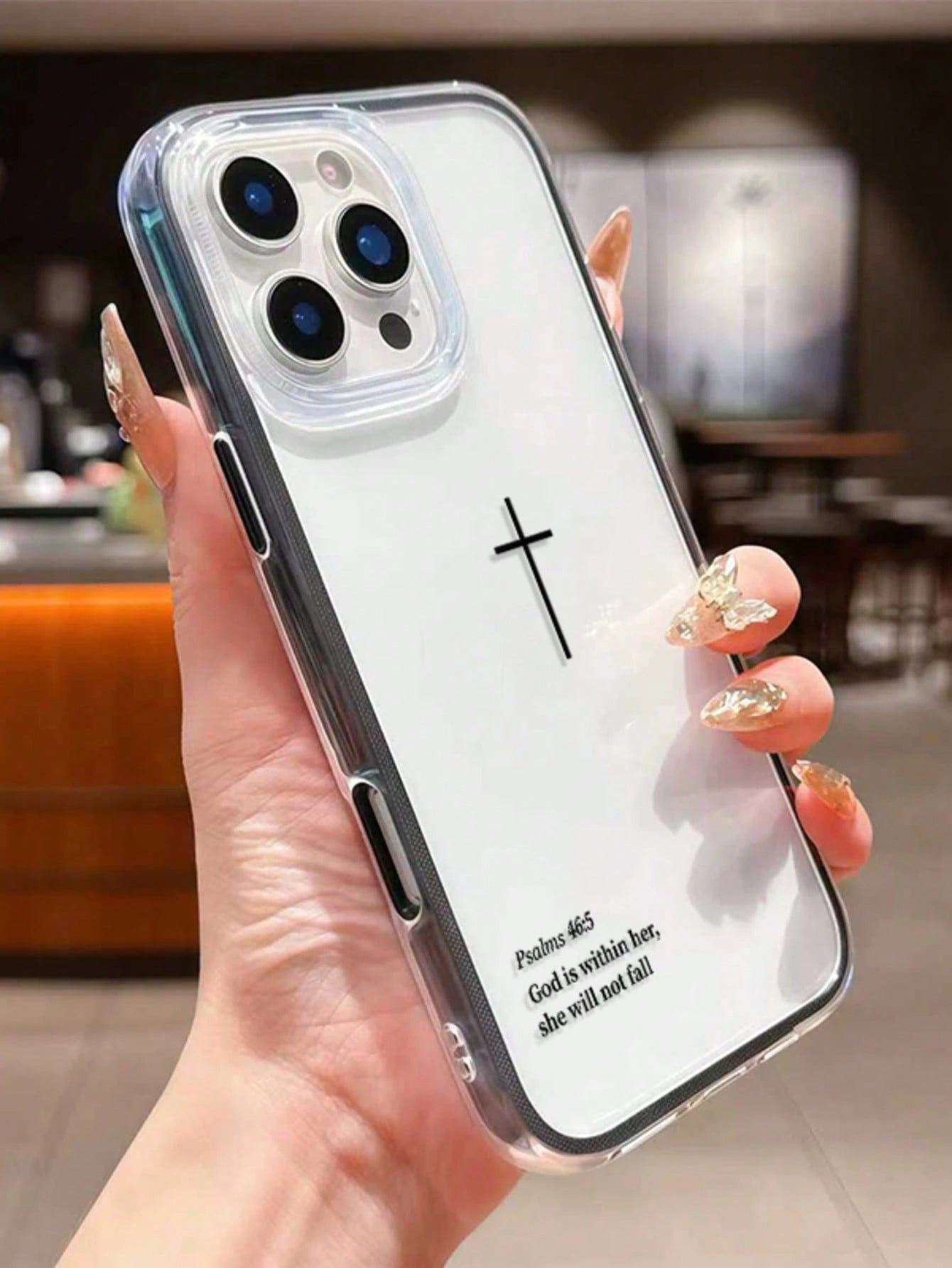 1pc Religious Mythological Figure Element Fashion Shockproof Dual-Layer Transparent Minimalist Pink Black Cross & Bible Verse Pattern Protective Phone Case With Pink Bumper Compatible With Iphone 11 1