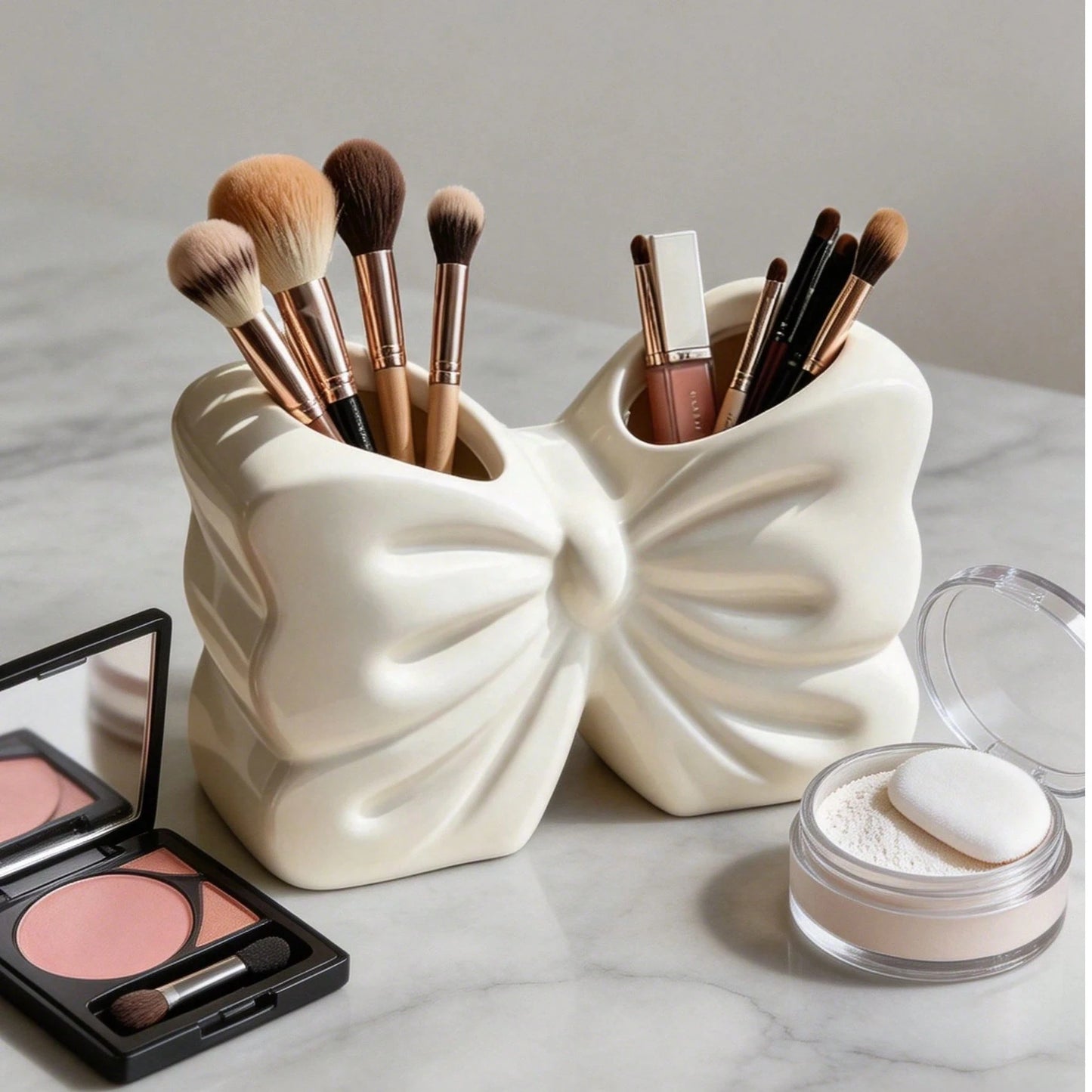 1pc Resin Bow Shaped Makeup Brush Holder, Cute Coquette Cosmetic Organizer, Desk Pen Storage Cup, Vanity Decor For Bedroom