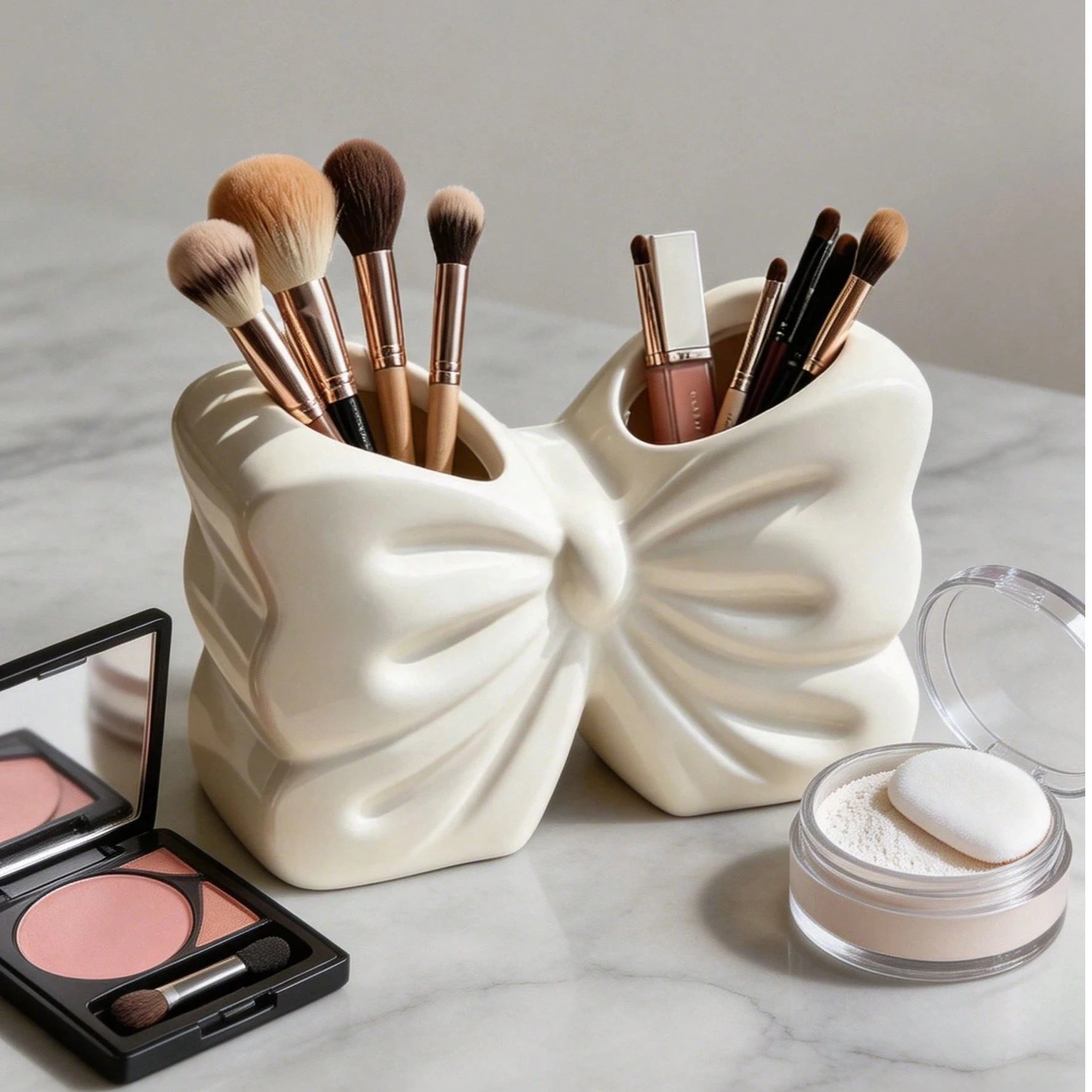 1pc Resin Bow Shaped Makeup Brush Holder, Cute Coquette Cosmetic Organizer, Desk Pen Storage Cup, Vanity Decor For Bedroom