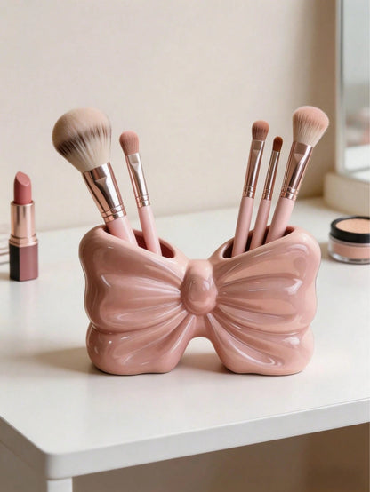1pc Resin Bow Shaped Makeup Brush Holder, Cute Coquette Cosmetic Organizer, Desk Pen Storage Cup, Vanity Decor For Bedroom