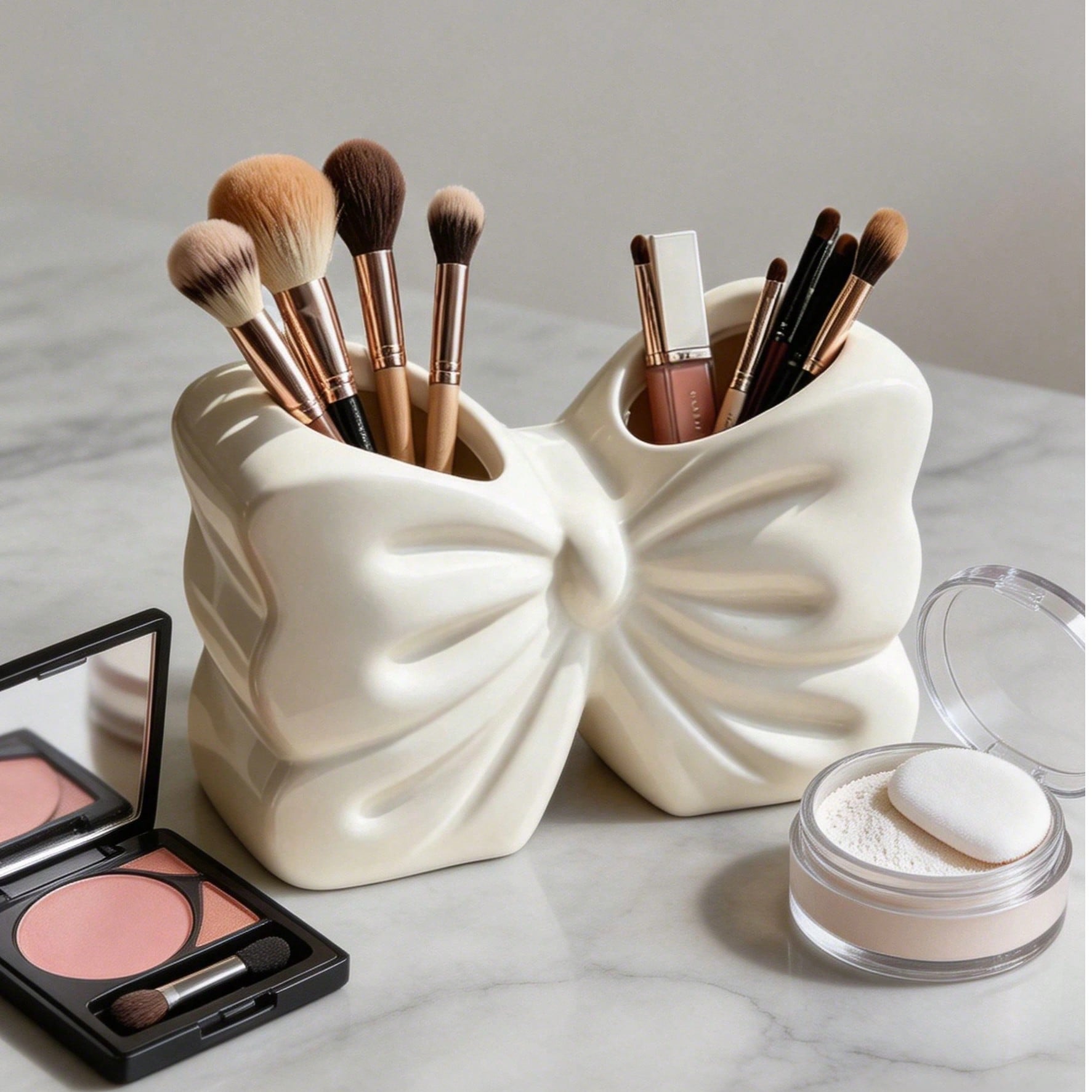 1pc Resin Bow Shaped Makeup Brush Holder, Cute Coquette Cosmetic Organizer, Desk Pen Storage Cup, Vanity Decor For Bedroom