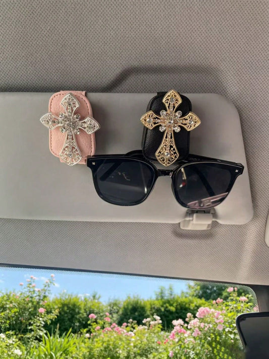 1PC Rhinestone Cross Car Fashion Glasses Holder, Bling Leather Sun Visor Clip, Vintage Hollow Out Eyeglasses Hanger Auto Interior Accessories