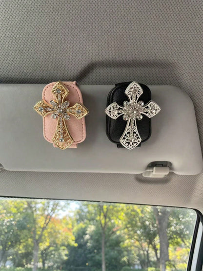 1PC Rhinestone Cross Car Fashion Glasses Holder, Bling Leather Sun Visor Clip, Vintage Hollow Out Eyeglasses Hanger Auto Interior Accessories