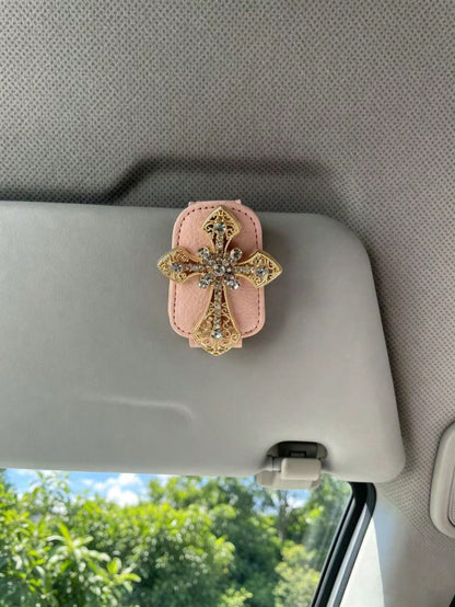 1PC Rhinestone Cross Car Fashion Glasses Holder, Bling Leather Sun Visor Clip, Vintage Hollow Out Eyeglasses Hanger Auto Interior Accessories
