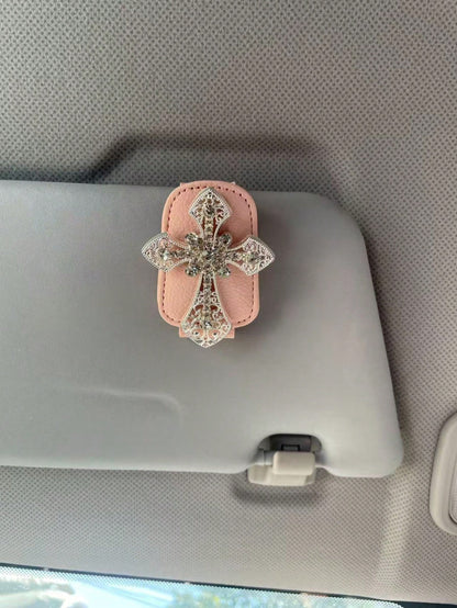 1PC Rhinestone Cross Car Fashion Glasses Holder, Bling Leather Sun Visor Clip, Vintage Hollow Out Eyeglasses Hanger Auto Interior Accessories