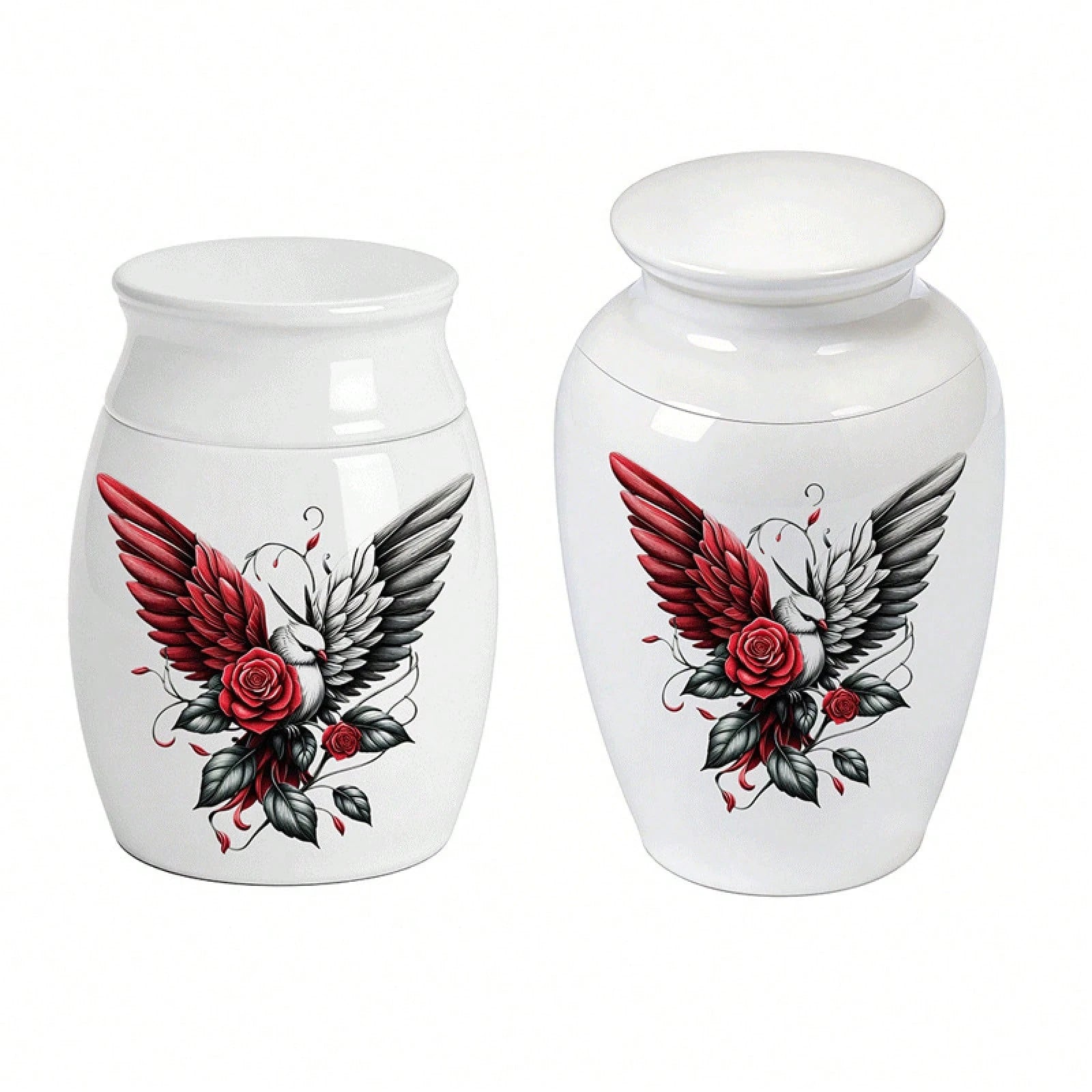 1pc Round Casket For Ashes, Large And Small Sizes, Contrasting Colors, Wings, Peace Dove, Red Rose, Pet Hair Keepsake Box