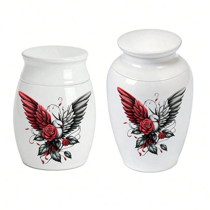 1pc Round Casket For Ashes, Large And Small Sizes, Contrasting Colors, Wings, Peace Dove, Red Rose, Pet Hair Keepsake Box