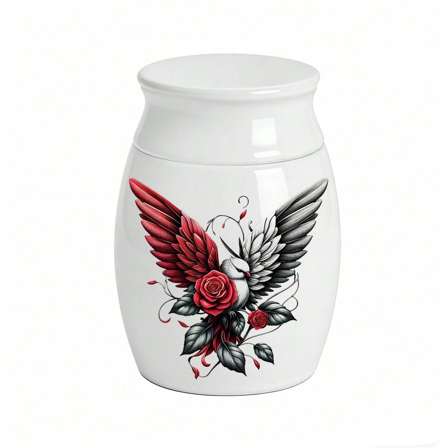 1pc Round Casket For Ashes, Large And Small Sizes, Contrasting Colors, Wings, Peace Dove, Red Rose, Pet Hair Keepsake Box