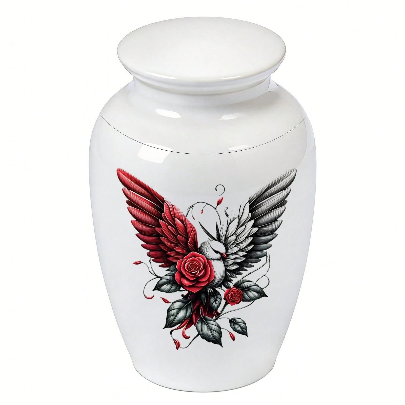 1pc Round Casket For Ashes, Large And Small Sizes, Contrasting Colors, Wings, Peace Dove, Red Rose, Pet Hair Keepsake Box