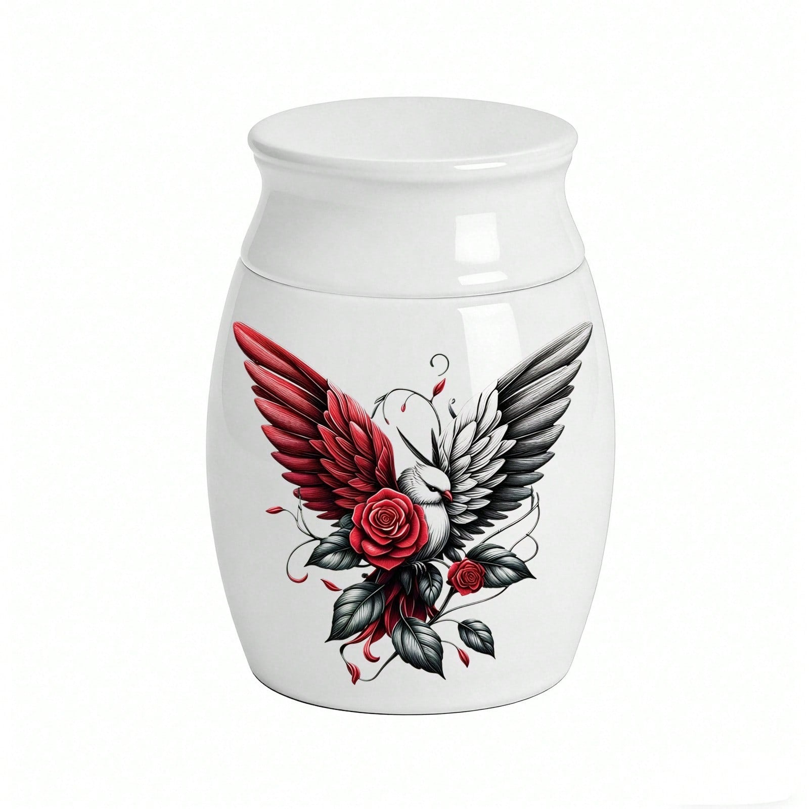1pc Round Casket For Ashes, Large And Small Sizes, Contrasting Colors, Wings, Peace Dove, Red Rose, Pet Hair Keepsake Box