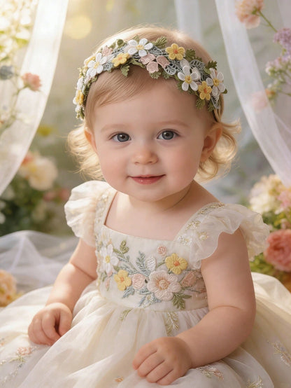 1pc Rustic Embroidered Floral Baby Headband, Fresh Pastoral Cute Embroidered Flower Baby Headwear