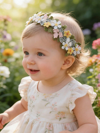 1pc Rustic Embroidered Floral Baby Headband, Fresh Pastoral Cute Embroidered Flower Baby Headwear