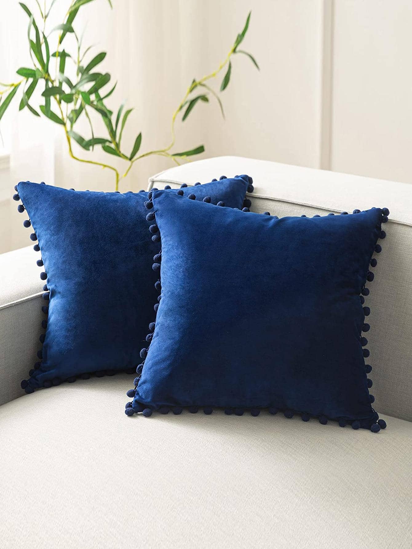 1pc Solid Color Cushion Cover Without Filler, Pom Pom Decor Chemical Fiber Decorative Throw Pillow Case For Living Room, Home Decor