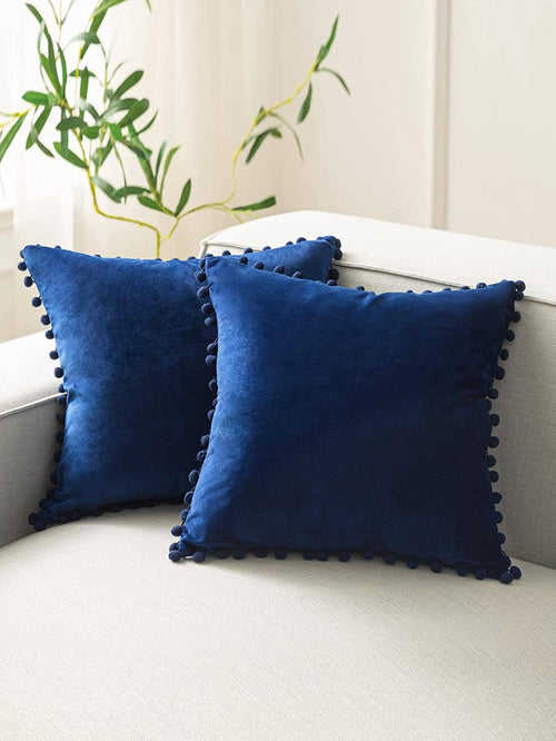 1pc Solid Color Cushion Cover Without Filler, Pom Pom Decor Chemical Fiber Decorative Throw Pillow Case For Living Room, Home Decor
