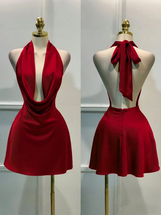 1pc Solid Color Sexy Satin Draped Backless Dress, Beach Dress, Elegant Mini Dress For Women, Graceful Casual Dress, Flowing Dress, Short Dress Summer