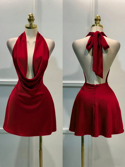 1pc Solid Color Sexy Satin Draped Backless Dress, Beach Dress, Elegant Mini Dress For Women, Graceful Casual Dress, Flowing Dress, Short Dress Summer