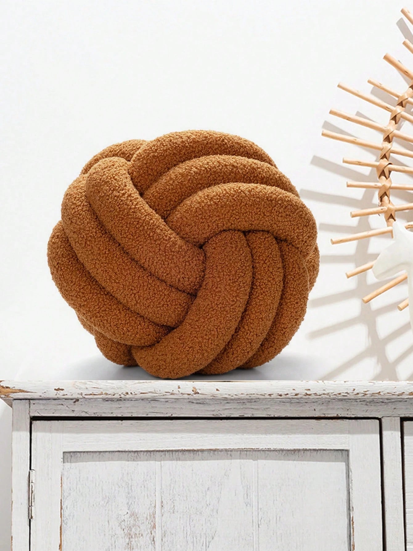 1pc Solid Color Versatile 3-Strand Hand-Woven Ball, Decorative Pillow, Sofa Coffee Table Decor Ornament, Bedroom Bedside Decorative Pillow, Caramel