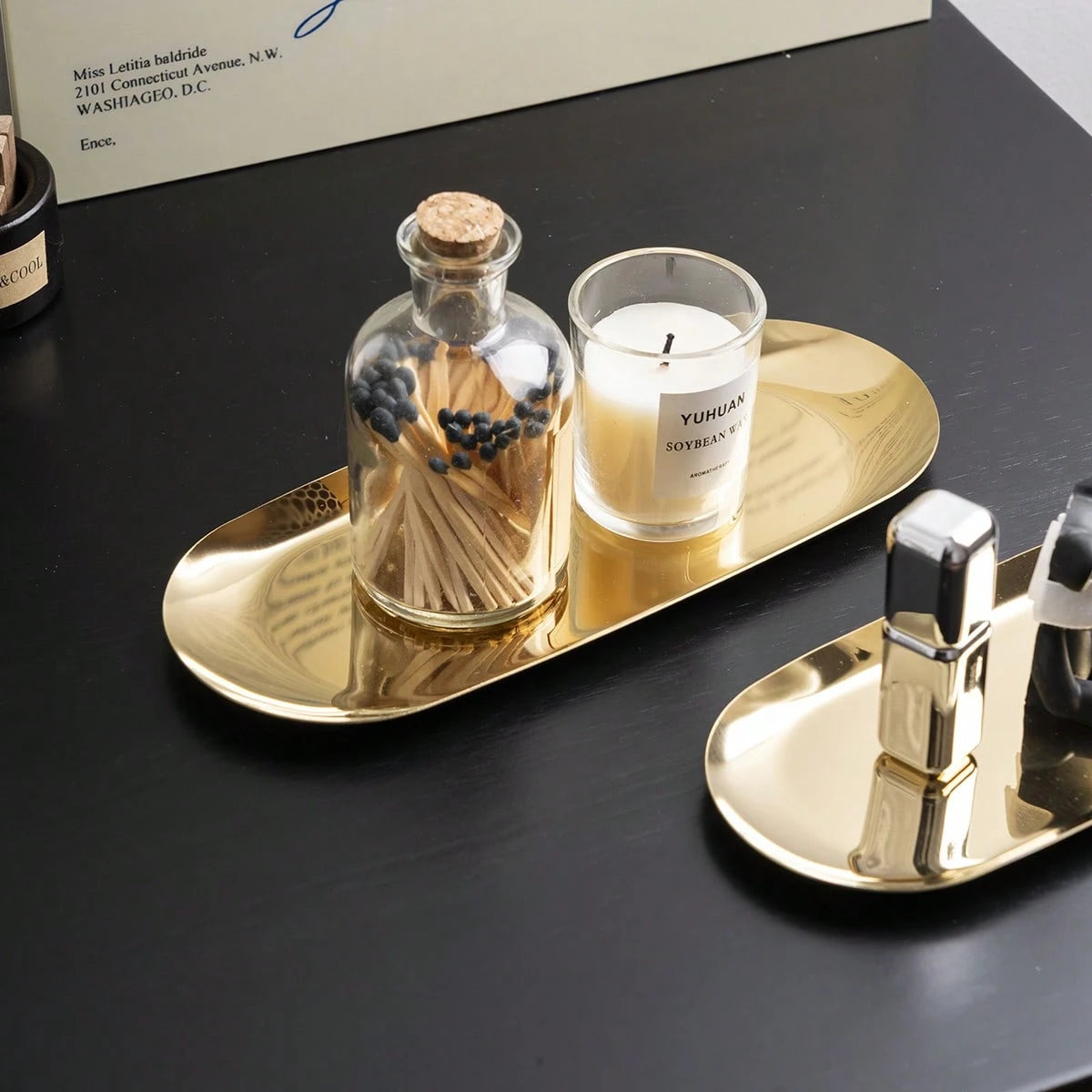 1pc Stainless Steel Jewelry Tray, Decorative Vanity Tray, Makeup Organizer, Bathroom Tray, Small Storage Tray, Luxury Gold,Makeup Bag,Travel Essential