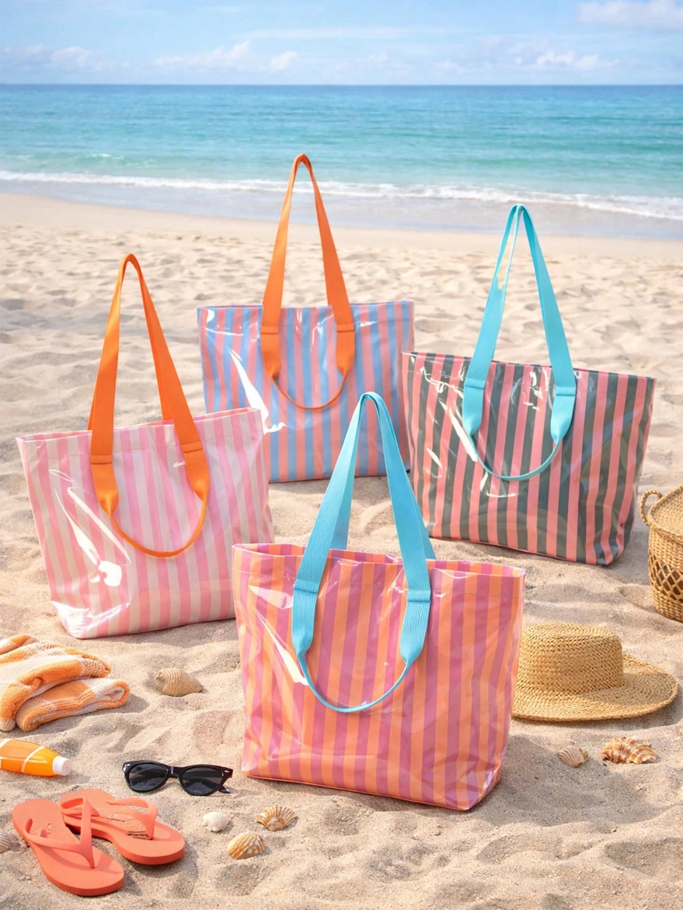 1pc Striped PVC Transparent Beach Tote Bag, Women's Large Capacity Shoulder Bag, Lightweight Reusable Shopping Bag, Essential For Summer Beach, Swimming, Travel, Picnic, Daily Use