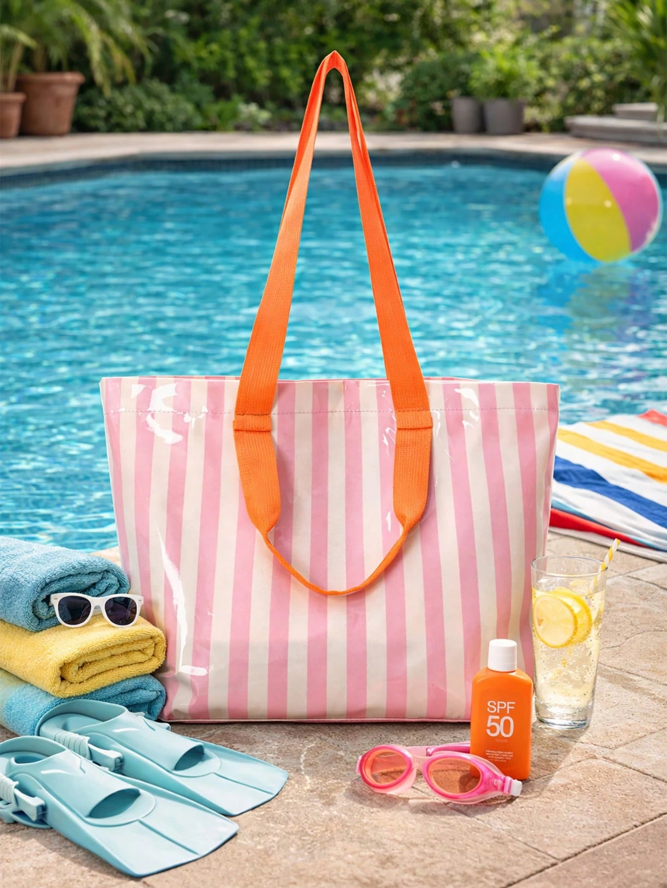 1pc Striped PVC Transparent Beach Tote Bag, Women's Large Capacity Shoulder Bag, Lightweight Reusable Shopping Bag, Essential For Summer Beach, Swimming, Travel, Picnic, Daily Use