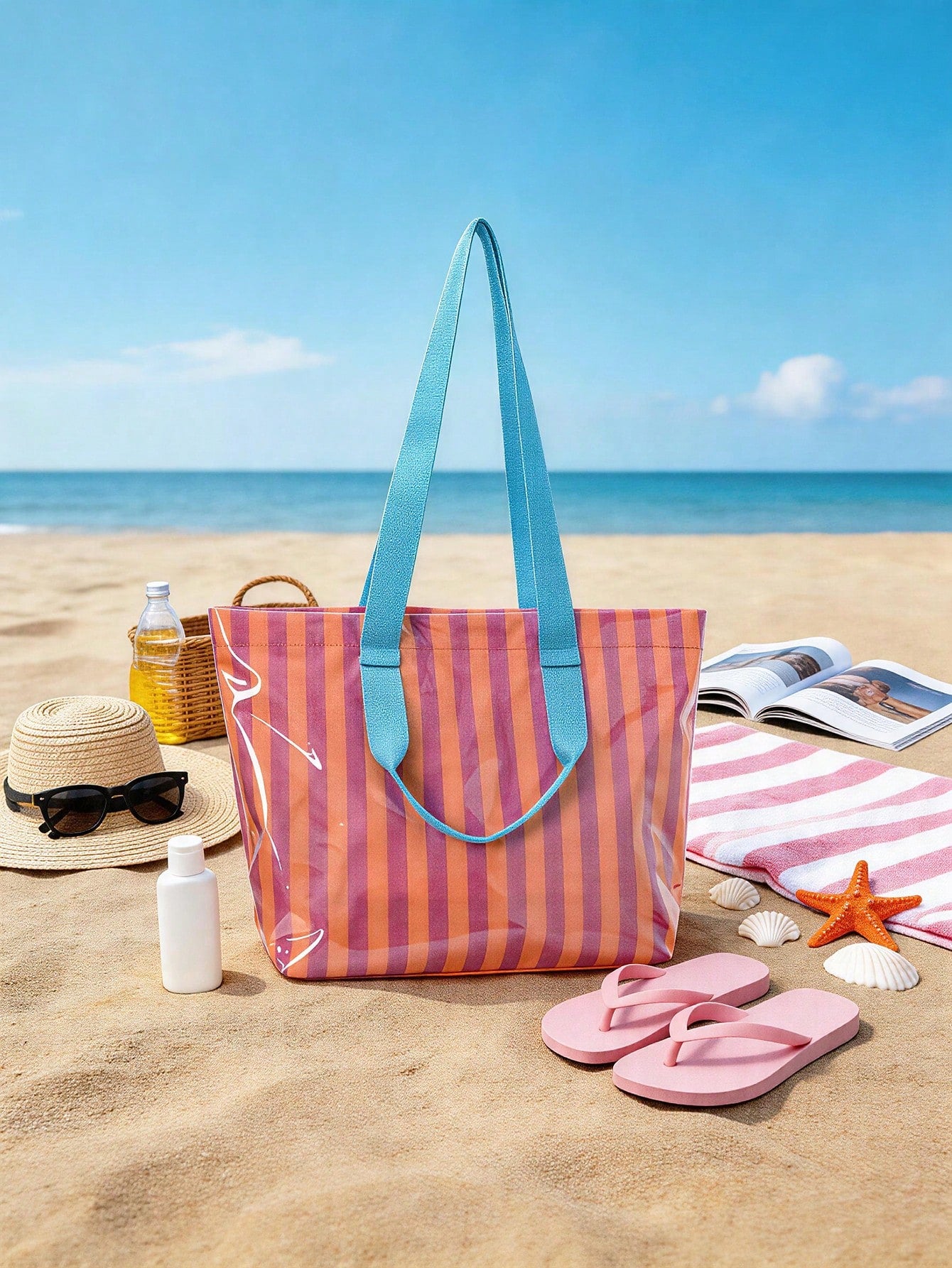 1pc Striped PVC Transparent Beach Tote Bag, Women's Large Capacity Shoulder Bag, Lightweight Reusable Shopping Bag, Essential For Summer Beach, Swimming, Travel, Picnic, Daily Use