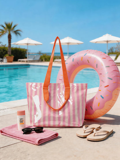 1pc Striped PVC Transparent Beach Tote Bag, Women's Large Capacity Shoulder Bag, Lightweight Reusable Shopping Bag, Essential For Summer Beach, Swimming, Travel, Picnic, Daily Use