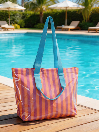 1pc Striped PVC Transparent Beach Tote Bag, Women's Large Capacity Shoulder Bag, Lightweight Reusable Shopping Bag, Essential For Summer Beach, Swimming, Travel, Picnic, Daily Use