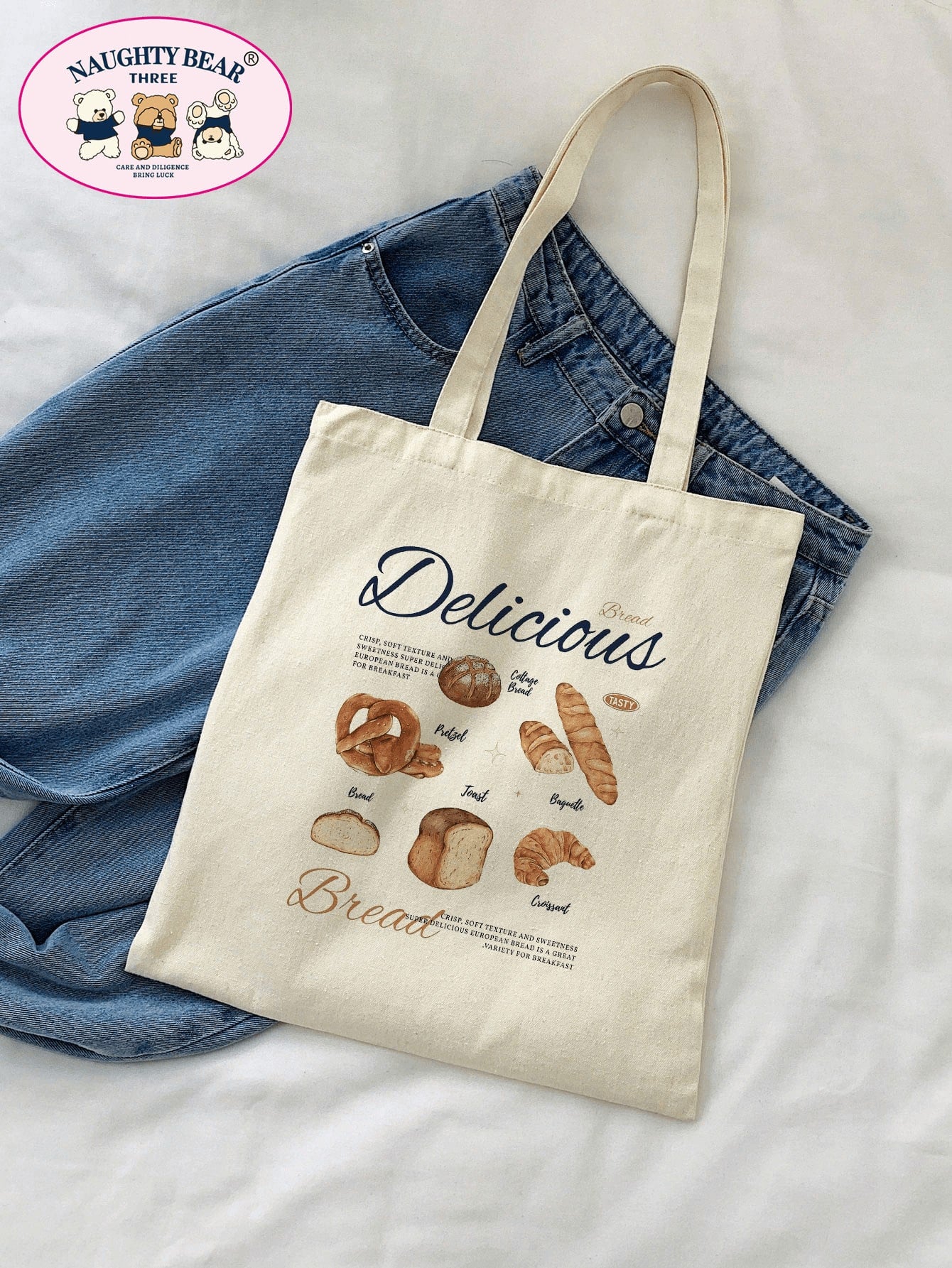1pc Stylish Beige Canvas Tote Bag With Bread & Letter Print Design For Women, Shopping Bag