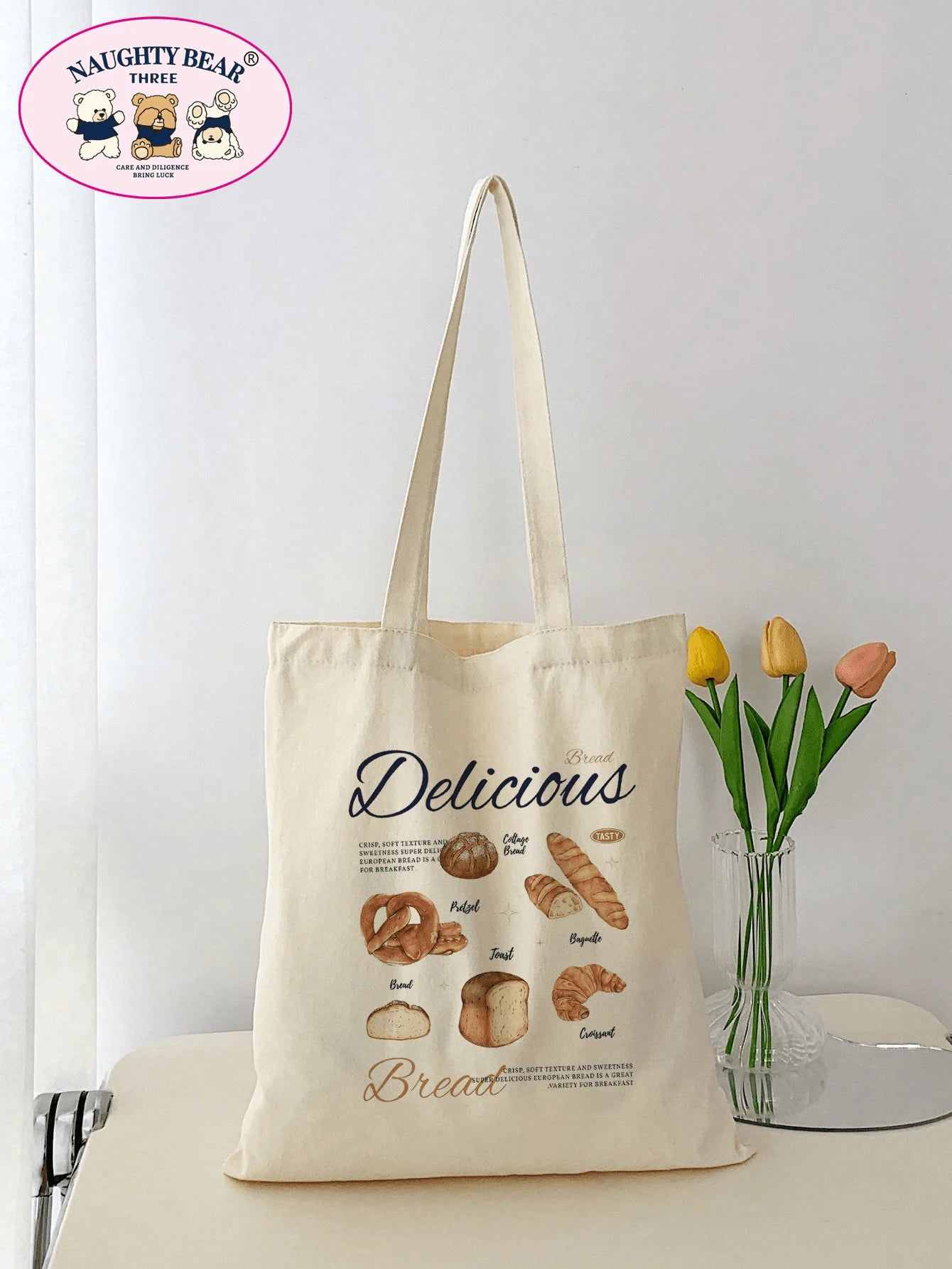 1pc Stylish Beige Canvas Tote Bag With Bread & Letter Print Design For Women, Shopping Bag