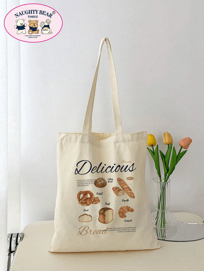 1pc Stylish Beige Canvas Tote Bag With Bread & Letter Print Design For Women, Shopping Bag