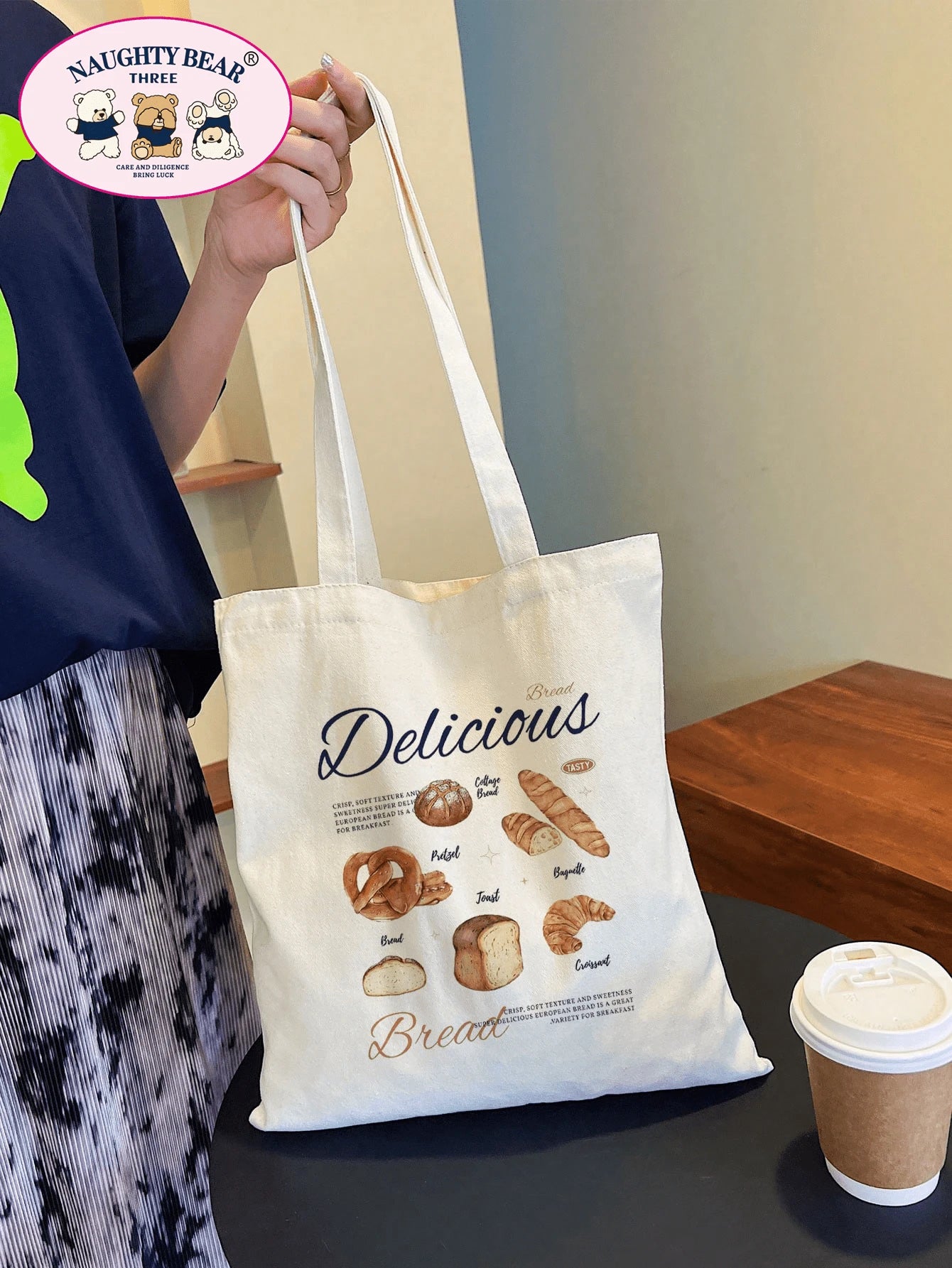 1pc Stylish Beige Canvas Tote Bag With Bread & Letter Print Design For Women, Shopping Bag