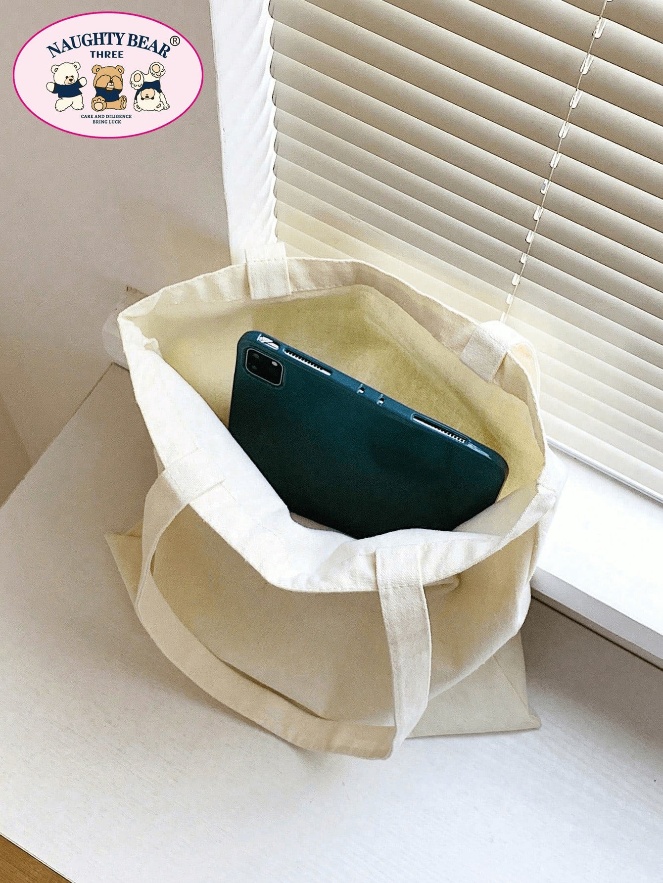 1pc Stylish Beige Canvas Tote Bag With Bread & Letter Print Design For Women, Shopping Bag