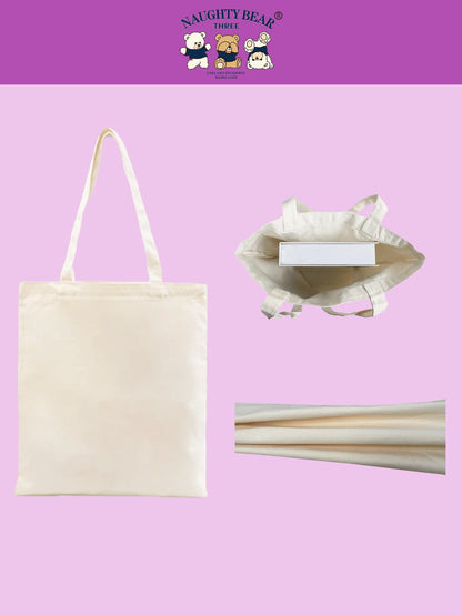 1pc Stylish Beige Canvas Tote Bag With Bread & Letter Print Design For Women, Shopping Bag