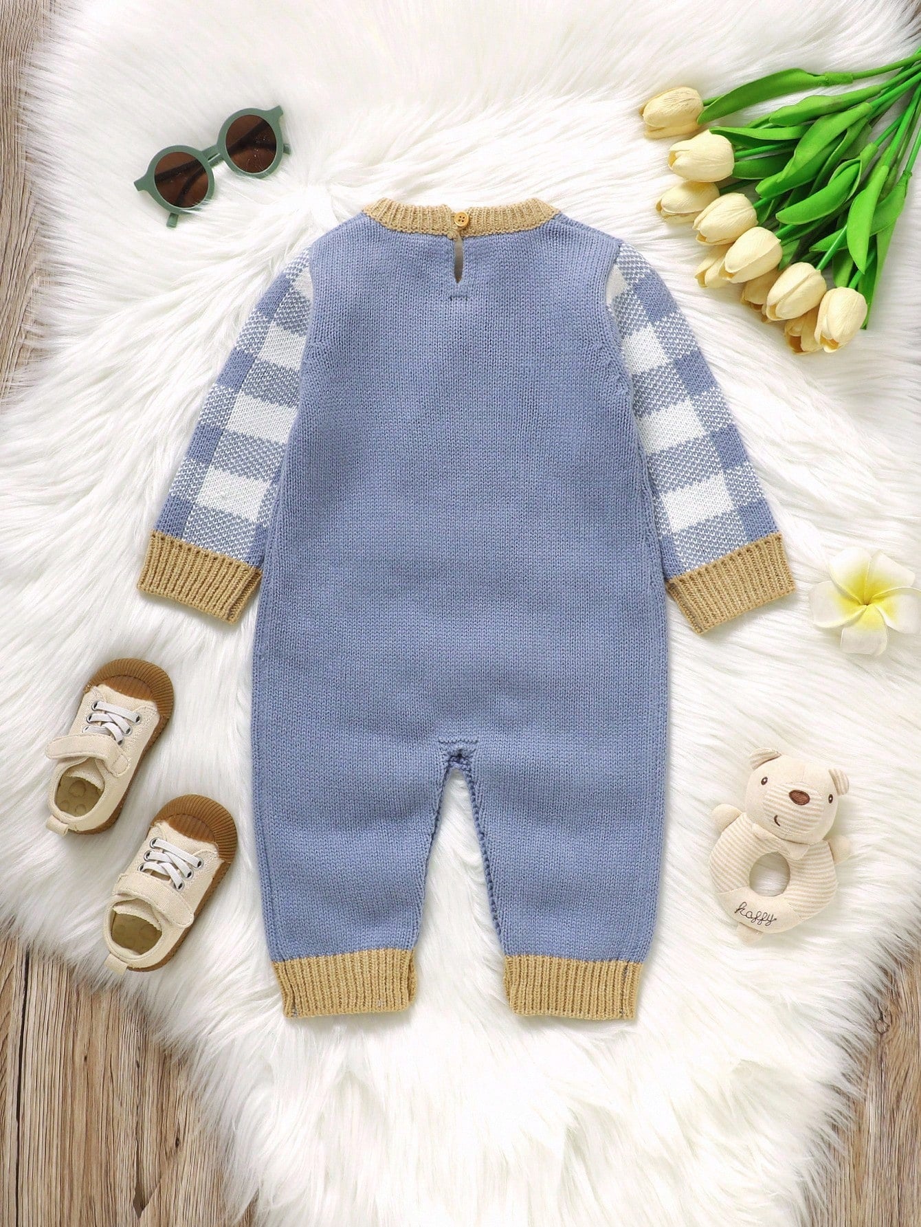 1pc Toddler Cute Grey-Blue Knitted Romper,Long Sleeve Plaid Teddy Bear Jacquard Jumpsuit,Baby Boy Autumn Clothes,Matching Family Winter Warm Outfits