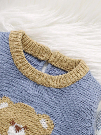 1pc Toddler Cute Grey-Blue Knitted Romper,Long Sleeve Plaid Teddy Bear Jacquard Jumpsuit,Baby Boy Autumn Clothes,Matching Family Winter Warm Outfits