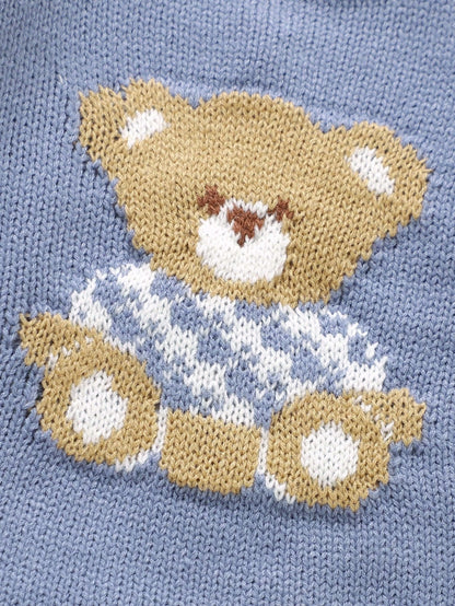 1pc Toddler Cute Grey-Blue Knitted Romper,Long Sleeve Plaid Teddy Bear Jacquard Jumpsuit,Baby Boy Autumn Clothes,Matching Family Winter Warm Outfits