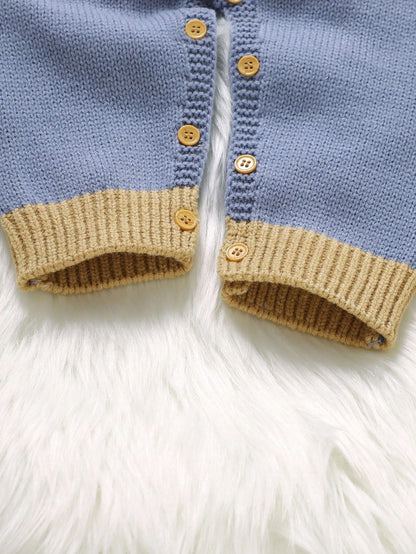 1pc Toddler Cute Grey-Blue Knitted Romper,Long Sleeve Plaid Teddy Bear Jacquard Jumpsuit,Baby Boy Autumn Clothes,Matching Family Winter Warm Outfits