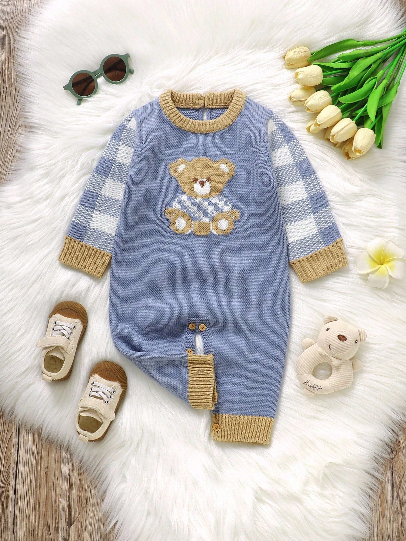 1pc Toddler Cute Grey-Blue Knitted Romper,Long Sleeve Plaid Teddy Bear Jacquard Jumpsuit,Baby Boy Autumn Clothes,Matching Family Winter Warm Outfits