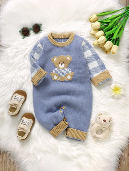 1pc Toddler Cute Grey-Blue Knitted Romper,Long Sleeve Plaid Teddy Bear Jacquard Jumpsuit,Baby Boy Autumn Clothes,Matching Family Winter Warm Outfits