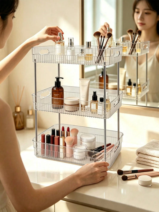 1pc Transparent Bathroom Organizer Rack Plastic Makeup Storage Shelf Skincare Cosmetics Lipstick Holder, Towel Storage Rack, Toothbrush Toothpaste Daily Necessities Storage, Multi-Scene Corner Storage