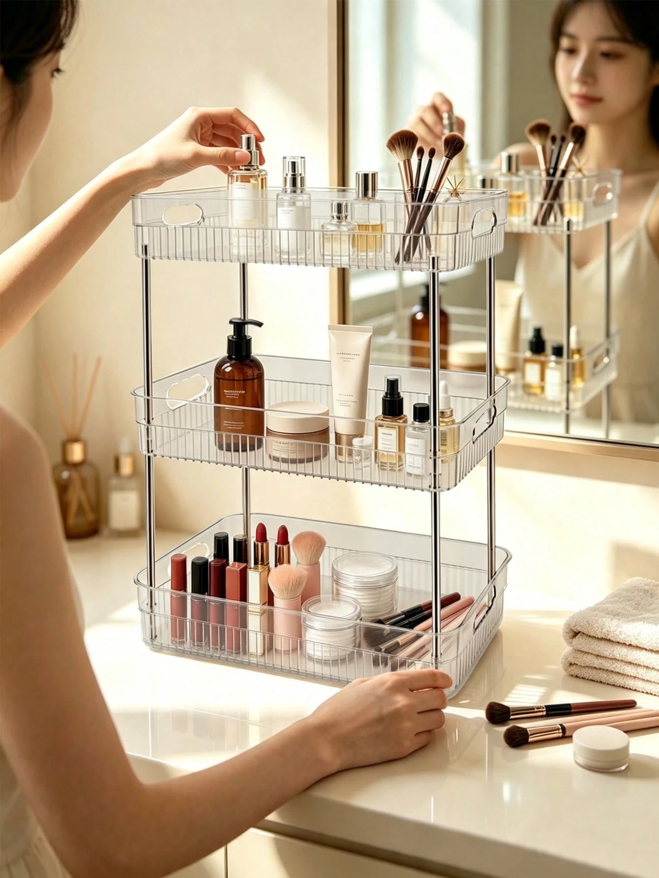 1pc Transparent Bathroom Organizer Rack Plastic Makeup Storage Shelf Skincare Cosmetics Lipstick Holder, Towel Storage Rack, Toothbrush Toothpaste Daily Necessities Storage, Multi-Scene Corner Storage