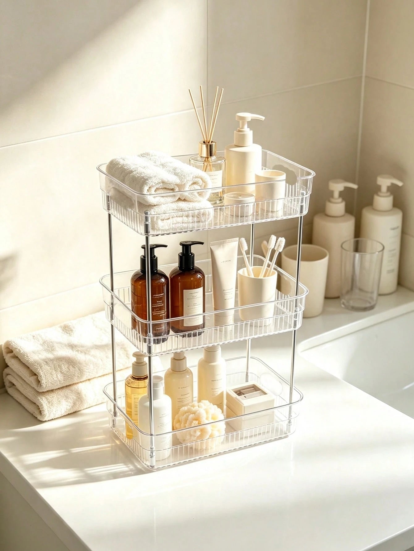 1pc Transparent Bathroom Organizer Rack Plastic Makeup Storage Shelf Skincare Cosmetics Lipstick Holder, Towel Storage Rack, Toothbrush Toothpaste Daily Necessities Storage, Multi-Scene Corner Storage
