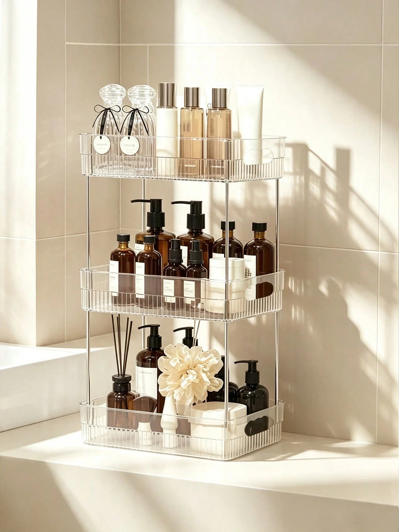 1pc Transparent Bathroom Organizer Rack Plastic Makeup Storage Shelf Skincare Cosmetics Lipstick Holder, Towel Storage Rack, Toothbrush Toothpaste Daily Necessities Storage, Multi-Scene Corner Storage
