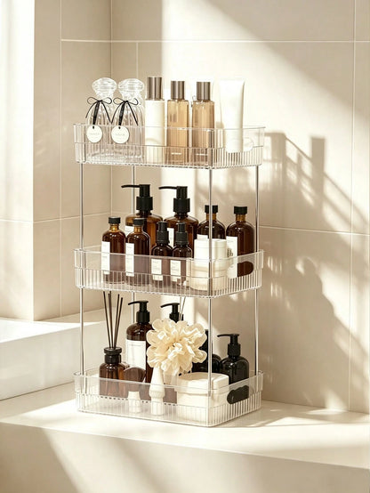 1pc Transparent Bathroom Organizer Rack Plastic Makeup Storage Shelf Skincare Cosmetics Lipstick Holder, Towel Storage Rack, Toothbrush Toothpaste Daily Necessities Storage, Multi-Scene Corner Storage